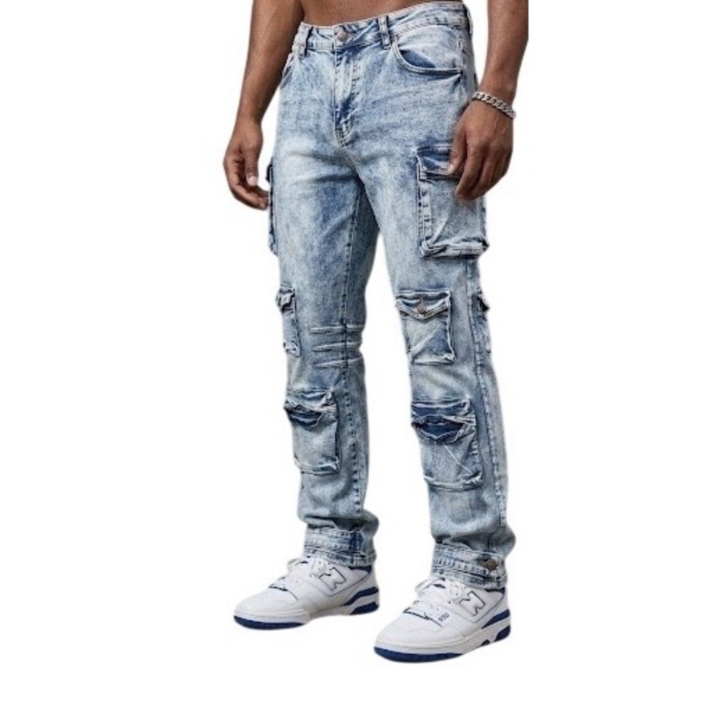 Daisy Mens Light Acid Wash Multi Pocket Stacked Cargo Denim Jeans‎ DP2001X 1X